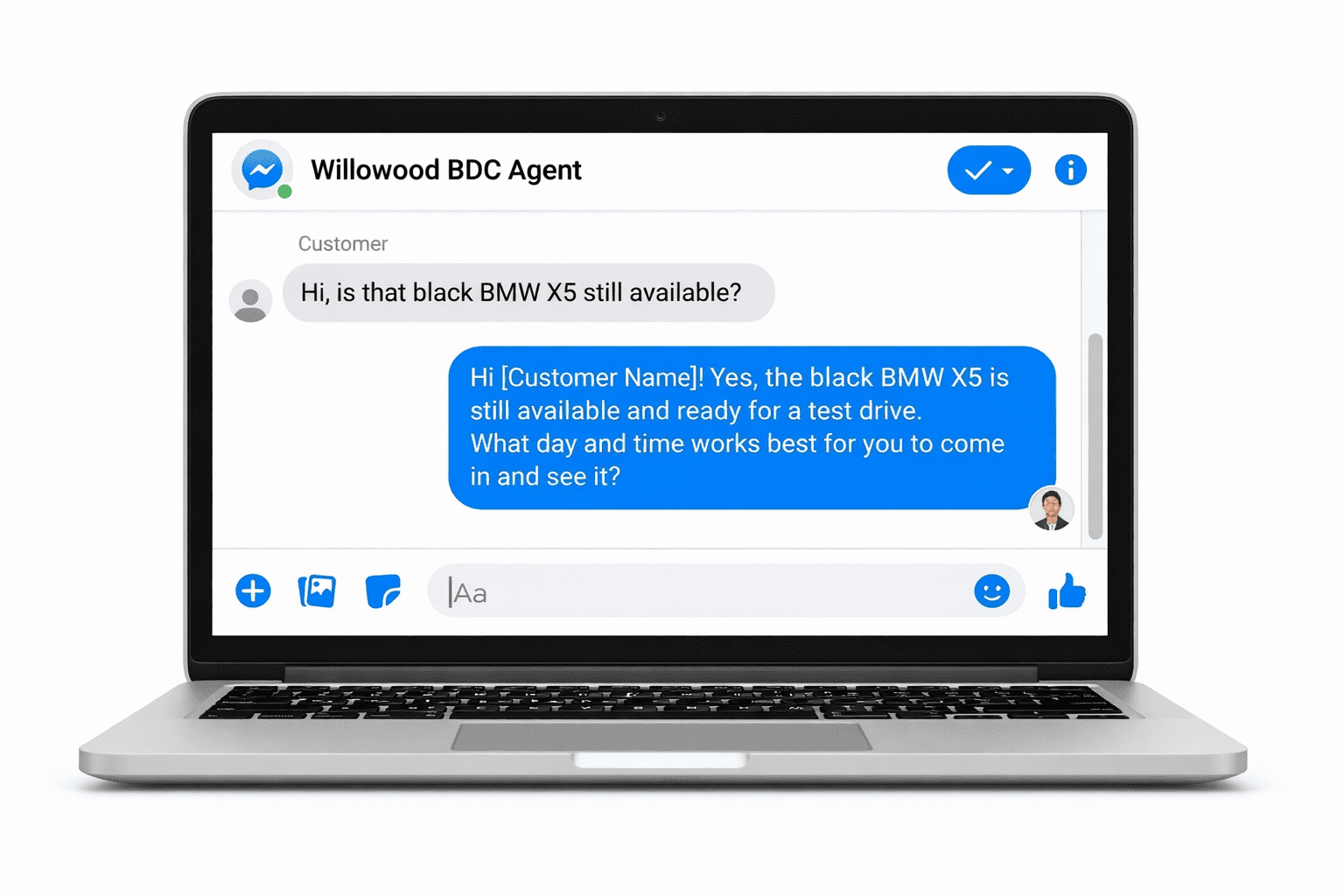 Automotive BDC agent working a Facebook Messenger conversation for dealership appointment setting