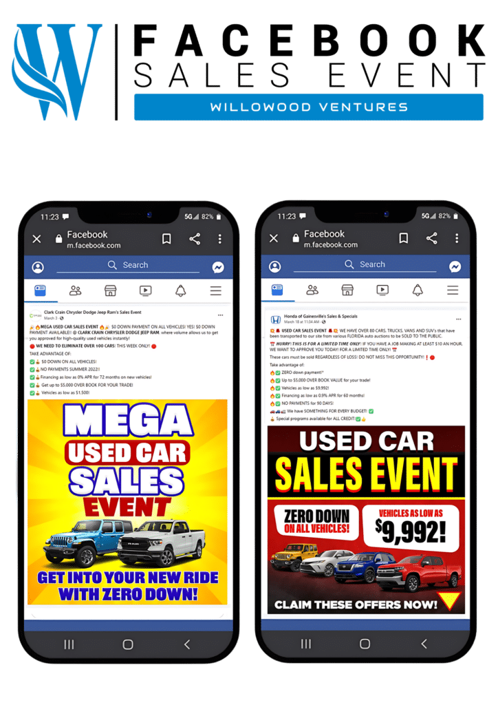 Two Phones Showing Examples Of Automotive Sales Events By Willowood Ventures