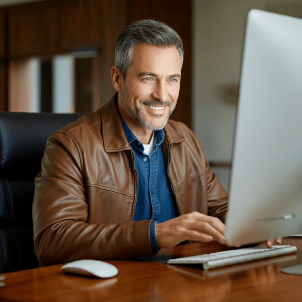 Man Researching Car Prices Using Digital Retailing Tools. 