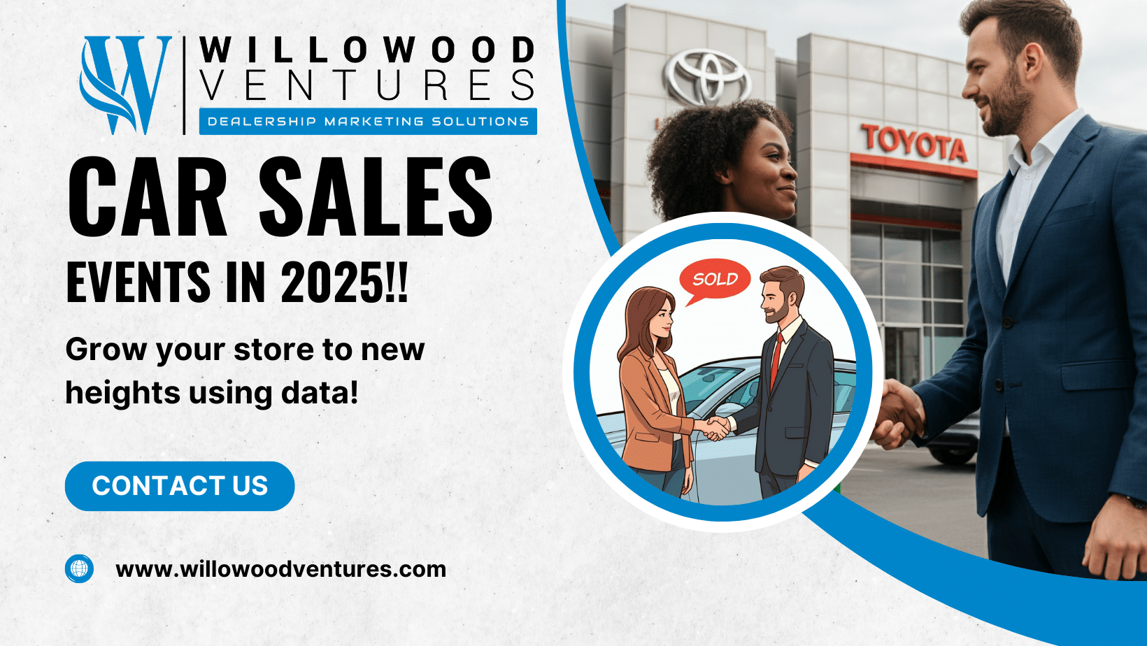 Willowood Ventures promotional graphic for car sales events in 2025. Shows a dealership marketing professional shaking hands with a client outside a Toyota dealership, highlighting data-driven growth for car dealerships.