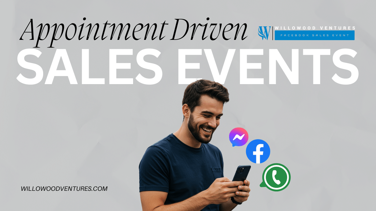 Smiling man holding a smartphone with Facebook, Messenger, and WhatsApp icons, promoting Appointment Driven Sales Events by Willowood Ventures.