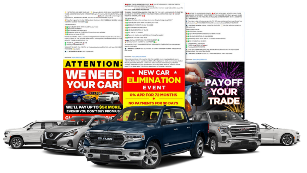 Promotional Facebook Ads For Car Dealerships Featuring Vehicle Trade-In Offers, New Car Elimination Events, And Financing Incentives. Examples Of Car Dealership Facebook Ads And Facebook Ads For Auto Dealers Designed To Increase Sales And Engagement. Willowood Ventures Specializes In Automotive Facebook Ads And Dealership Facebook Ads That Drive Customer Interaction And Boost Vehicle Trade-Ins.