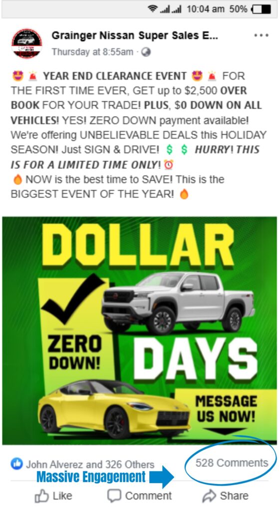 Facebook Ad Promoting A Car Dealership Year-End Clearance Event With Zero-Down Offers And Trade-In Bonuses. The Post Shows High Engagement With 528 Comments, Reflecting The Effectiveness Of Facebook Ads For Car Dealerships.