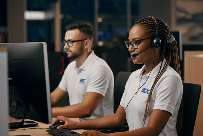 Automotive Bdc Agents In A Professional Setting Wearing Headsets And Working On Computers, Focused On Customer Engagement For Dealership Sales.