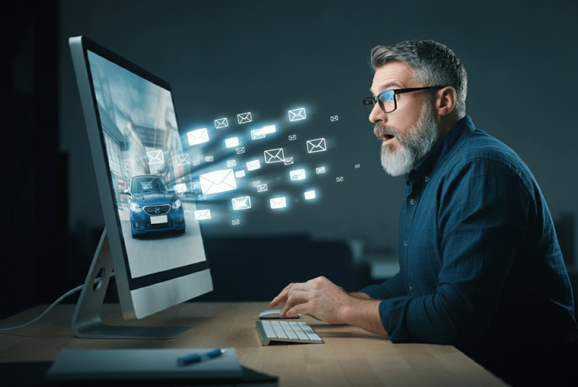 Man Looking At A Computer Screen Displaying A Car With Email Icons Flying Outward, Symbolizing Targeted Email Marketing For The Automotive Industry.