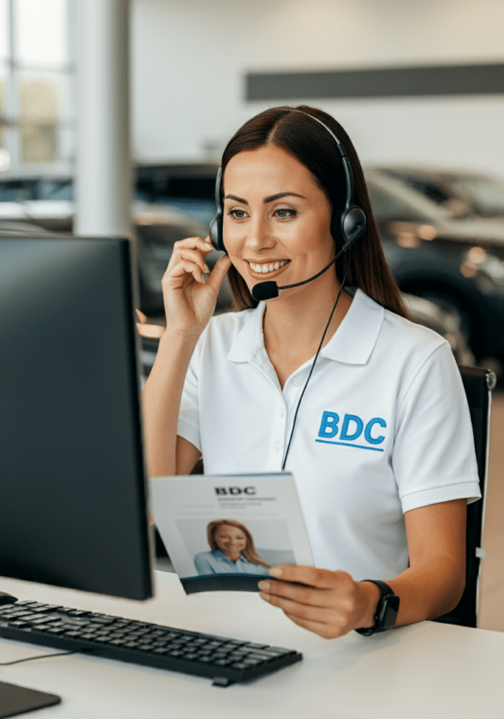 Bdc Agent At Dealership Using Willowood Ventures Power Script Guidebook While Speaking With Customer On Headset