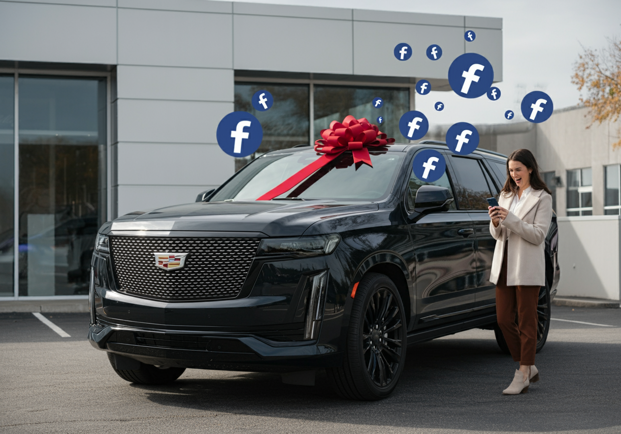 Customer Smiling Next To A Cadillac Suv With Facebook Logos Representing A Successful Automotive Marketing Campaign Using Facebook Sales Events.